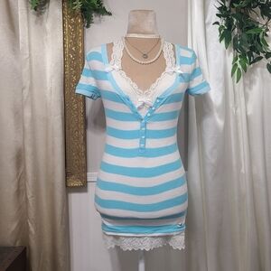 ♡ Y2K ♡ Hollister Baby Blue & White Striped Button Down Henley Top